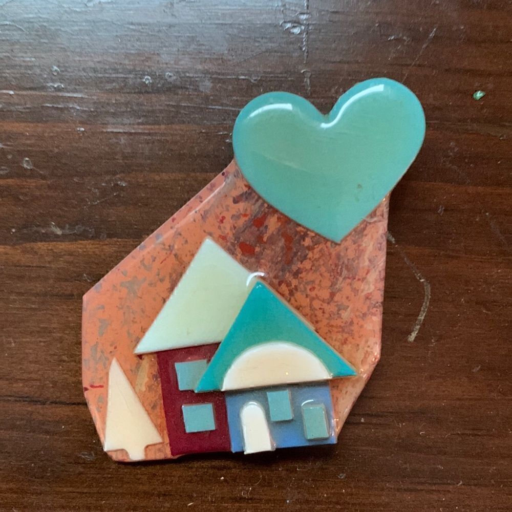 House pins by Lucinda EUC brown/green house/heart pin